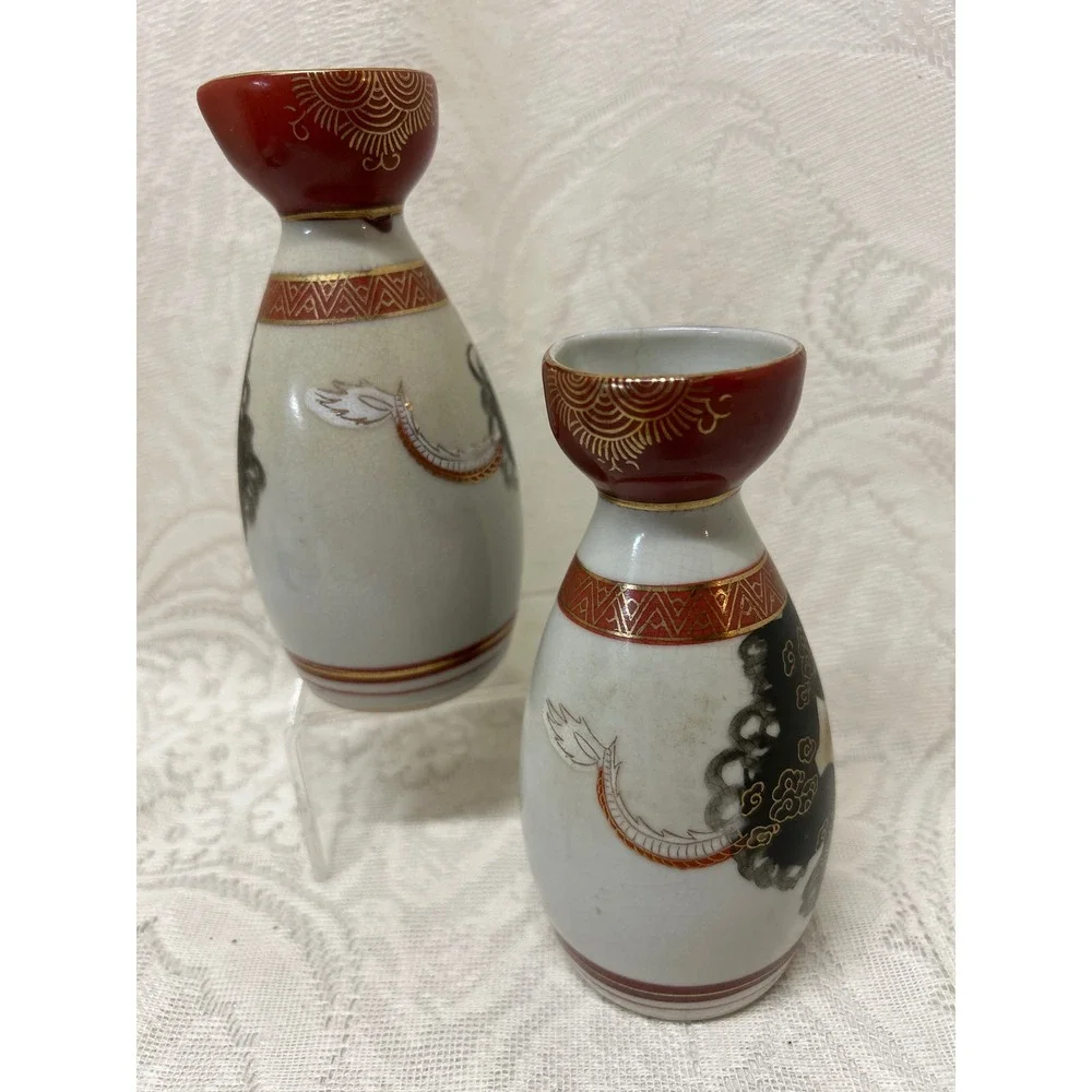 Vintage Japanese Kutani Sake Bottle Set Dragon Moriage Crackle Glaze Red Gold 5